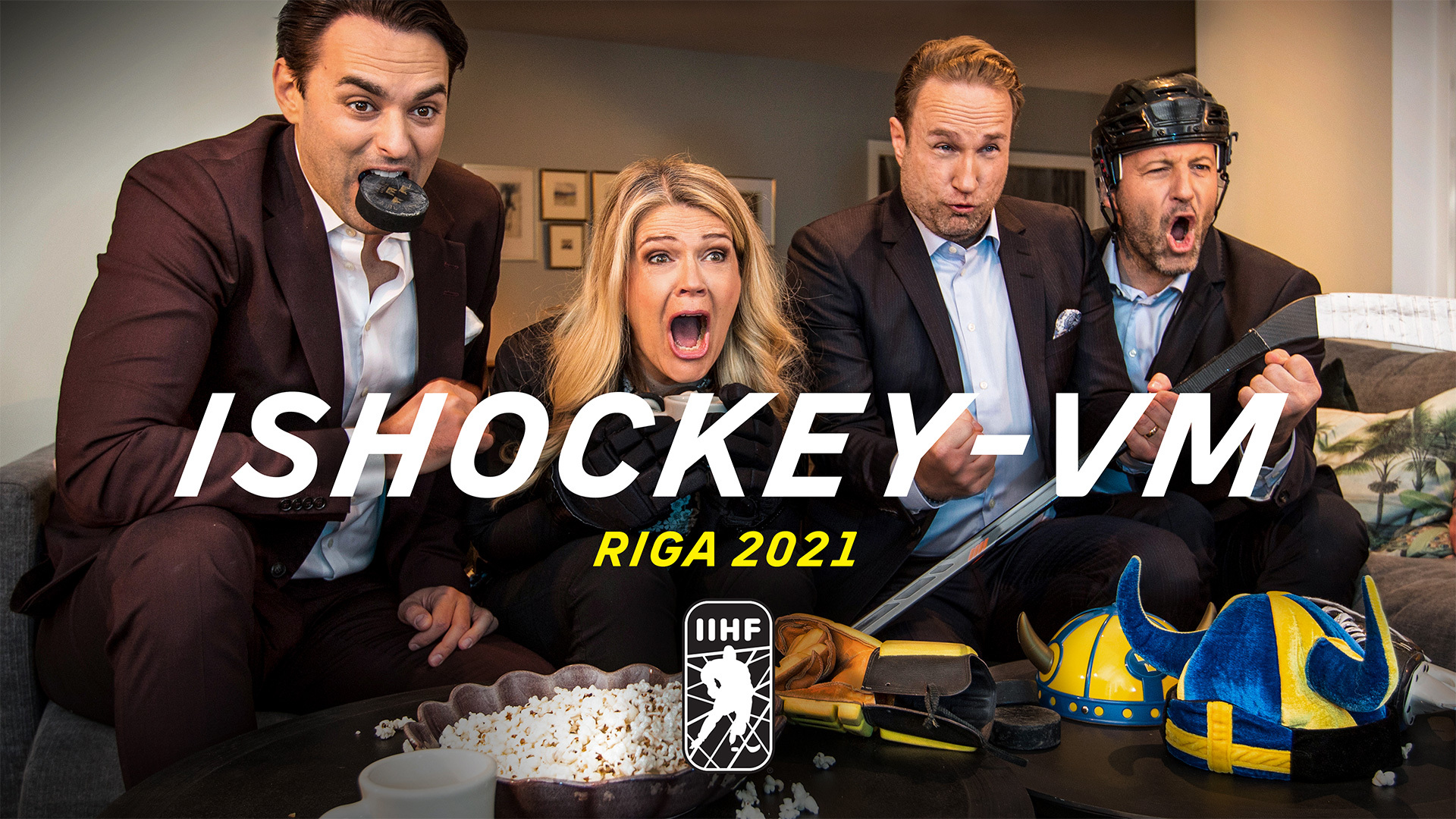 Dusan Umičević, Marie Lehmann, Chris Härenstam och Mikael Renberg. Ishockey VM 2021 © Janne Danielsson/SVT